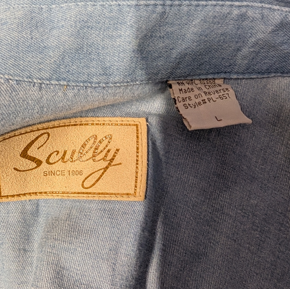 Scully Embroidered Light Blue Denim Ladies Western Snap Buttons Detail Cuff Sz L - Picture 3 of 5